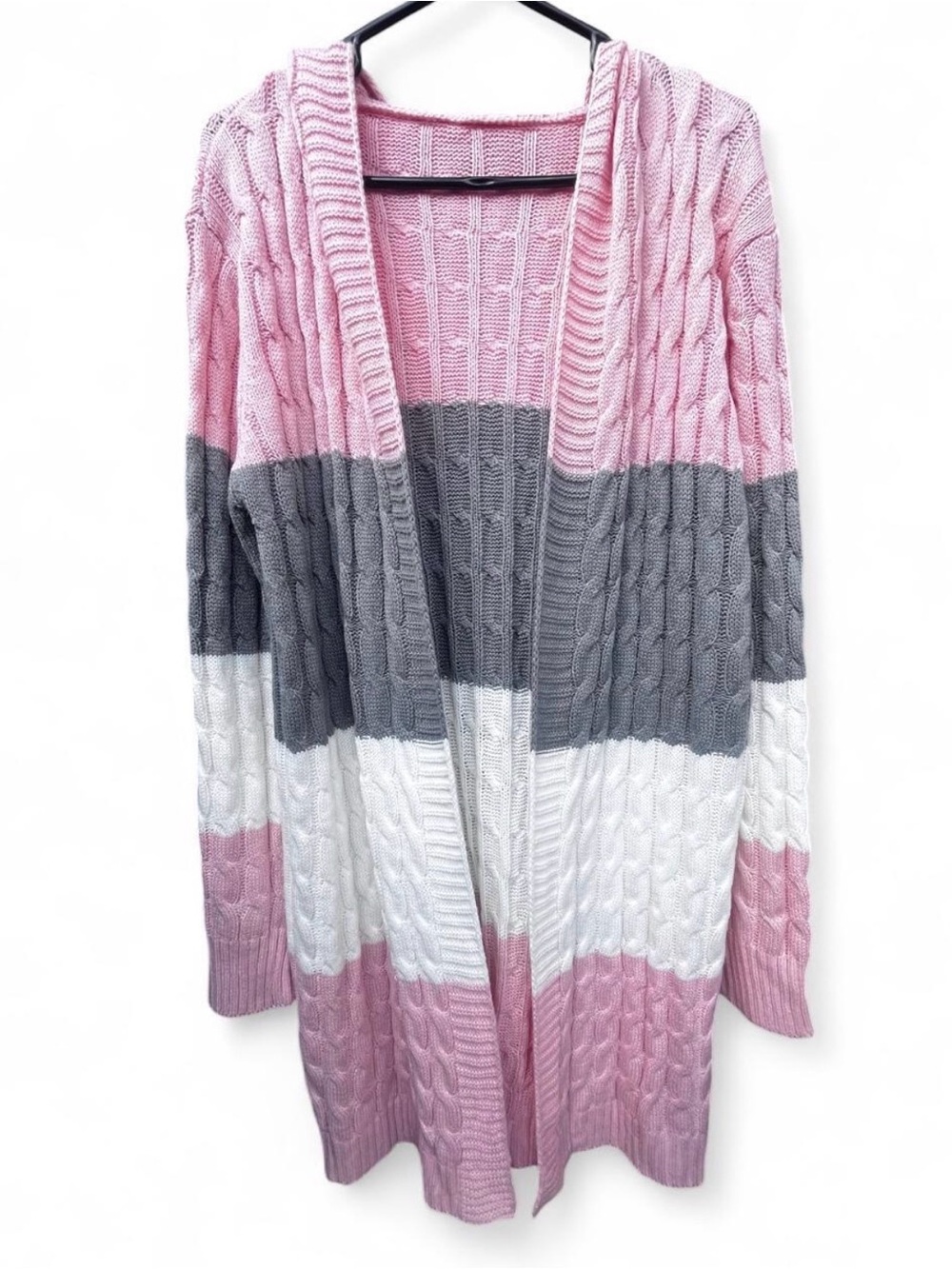 Pink/White/Gray Preppy Cozy Cable Knit Acrylic Cardigan Size L